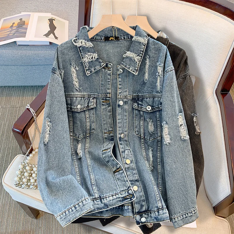 

Plus Size Women's Bust 158 Autumn Winter Tattered Denim Jacket Loose Long Sleeved Coat Black Blue 6XL 7XL 8XL 9XL 10XL 150Kg