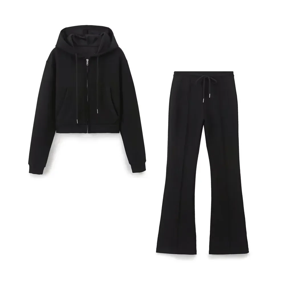 TRAF ZR 2024 Autumn Two Piece Outfits Women Pant Sets Interlock Cropped Sweatshirt Sets Front Pronounced Seam Flare Pants 2