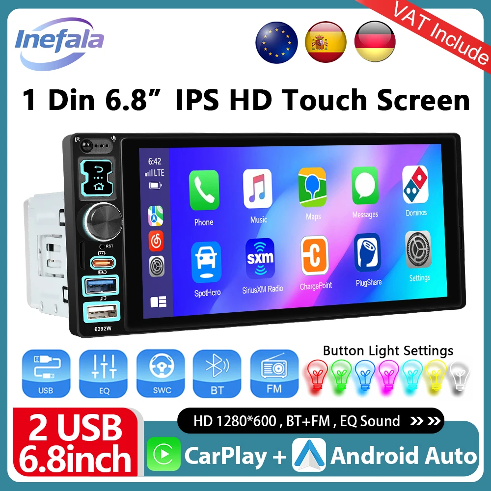Podofo Reproductor Multimedia para Auto con Pantalla Táctil HD de 6.8” 6.9” 1DIN, Carplay Inalámbrico/Carplay con Cable, Android Auto Universal, Reproductor MP5 para Auto, Radio FM BT, Tipo-C/USB, Cámara de Visión Trasera, Autoradio 1