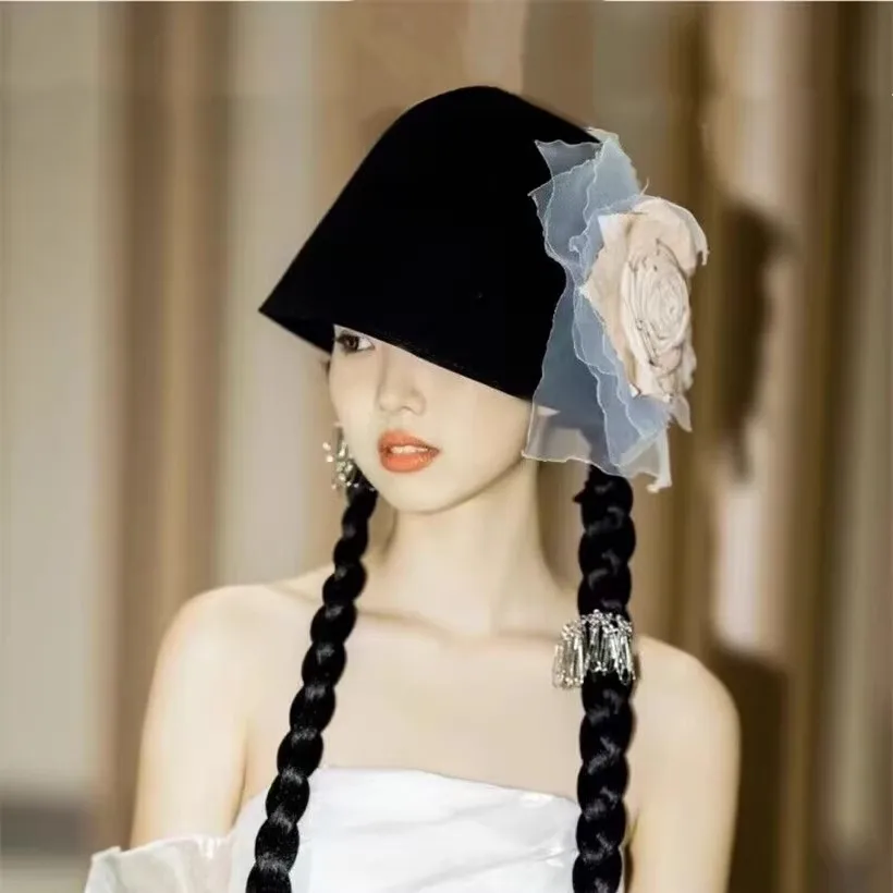 

202211-shi ins dropshipping winter wool felt Burn roses Abstinence series lady bucket cap women fishermen hat