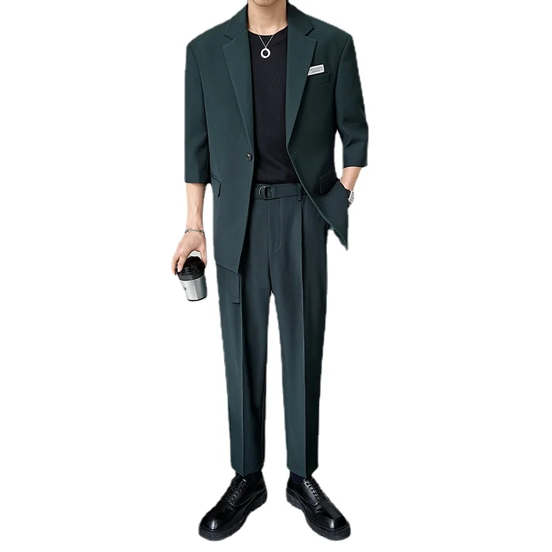 

Mens Half Sleeve Loose Casual Blazers Jacket Male Korean Streetwear Hip Hop Business Fashion Vintage Suit Coat Outerwear