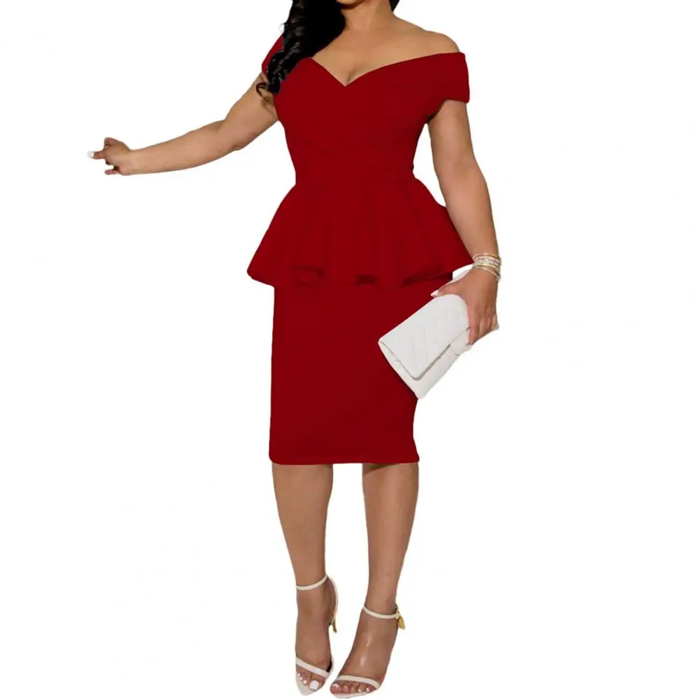 

Formal Dress Women Off Shoulder Ruffles Summer Bodycon Dress V Neck Strapless Hip Wrap Knee Length Dress Wedding
