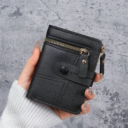 Women's Compact Solid Color Button Wallet - Slim Card Holder & Coin Purse (Black)