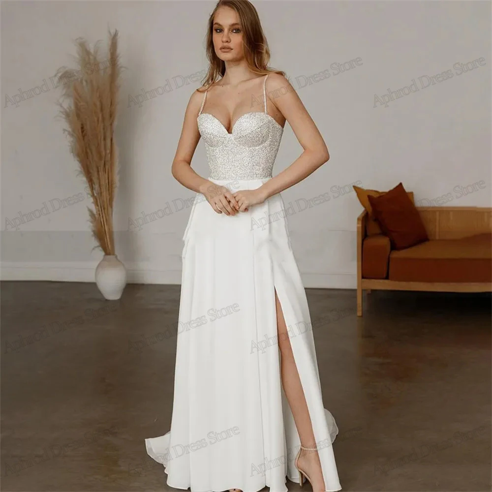 

Graceful Wedding Dresses A-Line Chiffon Bridal Gowns Sequin Appliques Sweetheart Backless High Slit Robes 2024 Vestidos De Novia