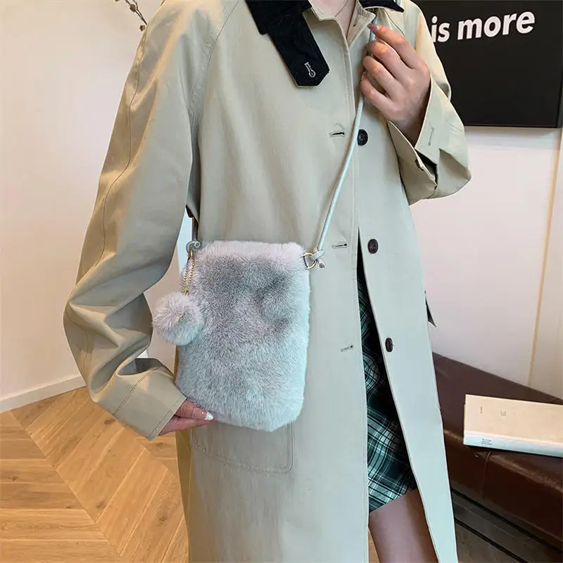 Plush Phone Bag Autumn Winter Solid Color Elegant Women's Girl Fur Hanging Rope Bag Crossbody Shoulder Bag Bolsos Para Mujer