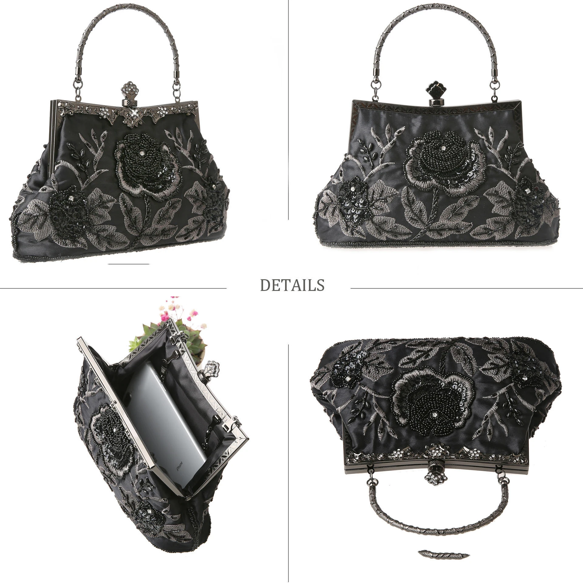 Luxy Moon Black Vintage Embroidered Clutch Side and Inside View