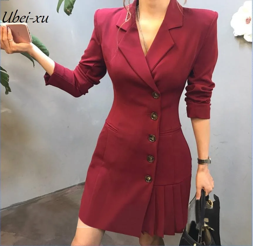 

Ubei Single-breasted pleated slim short dress long-sleeve small black blazer jacket dress women OL fashion suit dress