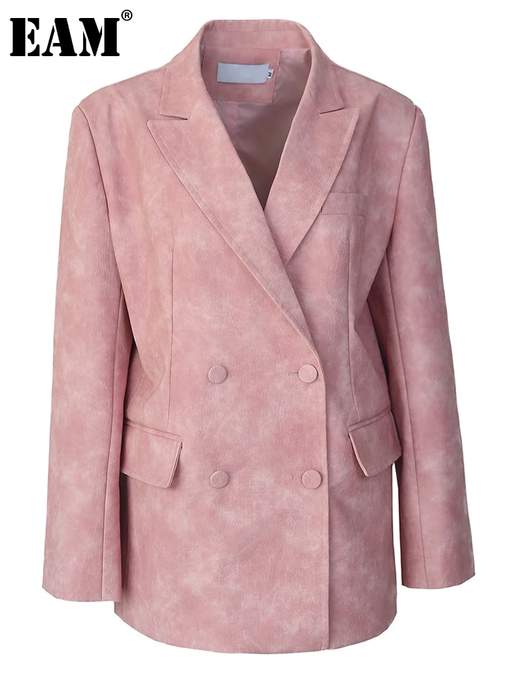 

[EAM] Loose Fit PU Leather pink Color Big Size Jacket New Lapel Long Sleeve Women Coat Fashion Tide Spring Autumn 2023 1DH0629