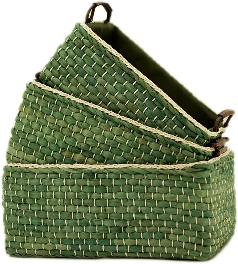 

Baskets Woven Maize Storage Bins Set of 3, (Green,Rectangular)