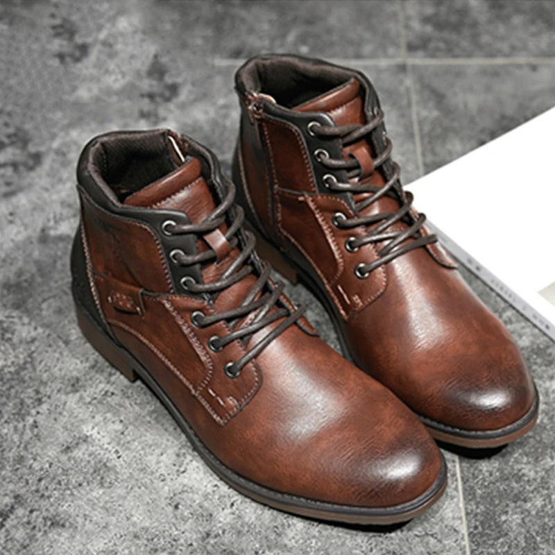 Fashion Retro Ankle Leather Men Boots High-Top Side Zipper Tooling Black Brown Boots Classic Outdoor Non-slip Autumn Shoes
