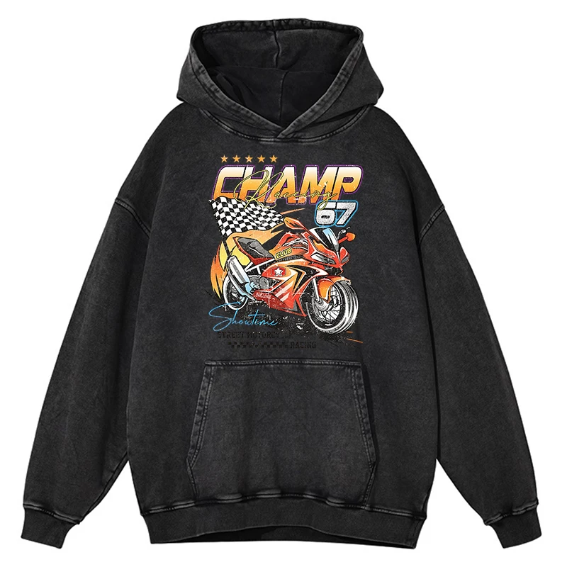 thumbnail image 1 of Sudadera con capucha retro desgastada para hombre, estilo hip hop, estilo club Champ 67, informal, de gran tamaño, 100 % algodón, 1 of 5