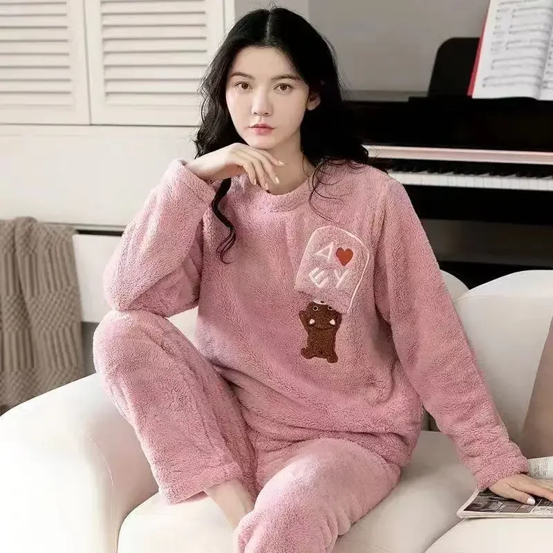 

Women's Autumn Winter Warm Flannel Women Pyjamas Sets Thick Coral Velvet Long Sleeve Cartoon Sleepwear Thin Flannel Pajamas Set