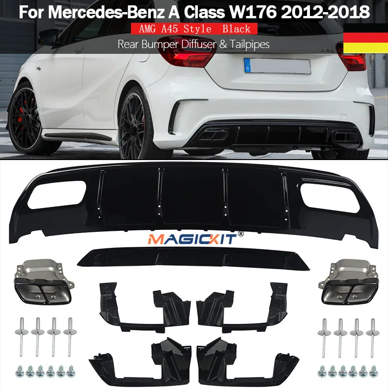Magickit Diffusore Posteriore + Punta Di Scarico Per Mercedes Classe A W176 Hatchback A45 Amg 2012-18 Nero Lucido Spedizione Gratuita