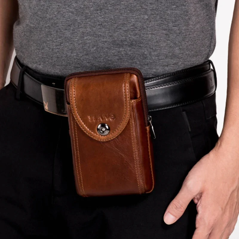 

Men Sling Crossbody Messenger Fanny Bag 4-6 Inch Cell Mobile Phone Case Hook Belt Hip Bum Cowhide Genuine Leather Waist Pack