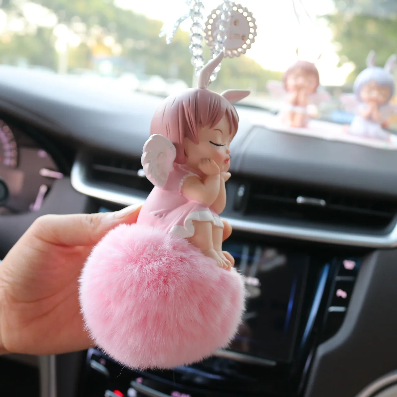 FALVFUN Car Dashboard Decor - 2PC Cute Bunny & Peach Blossom Ornaments For Rearview Mirror (Pink)