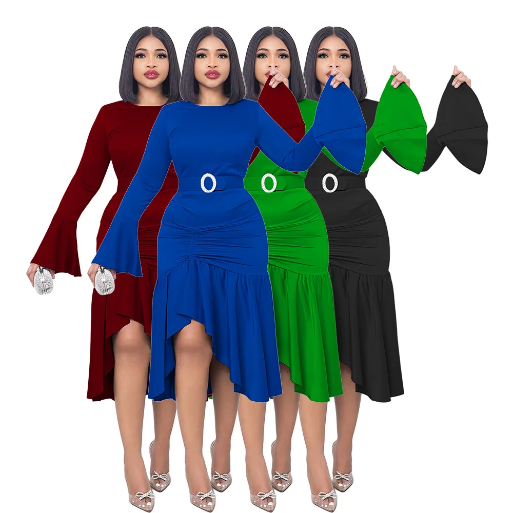 

African Dresses for Women 2023 Spring Autumn Elegant African Women Long Sleeve O-neck Green Blue Black Polyester Dress