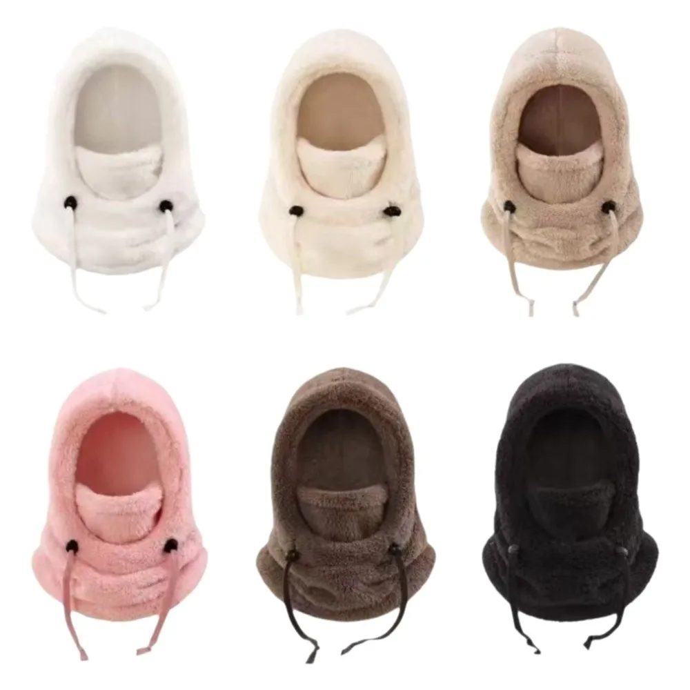 Soft Solid Color Plush Balaclava Hat Hood Thermal Winter Ear Protection Cap Keep Warm Adjustable Children Windproof Cap Sports