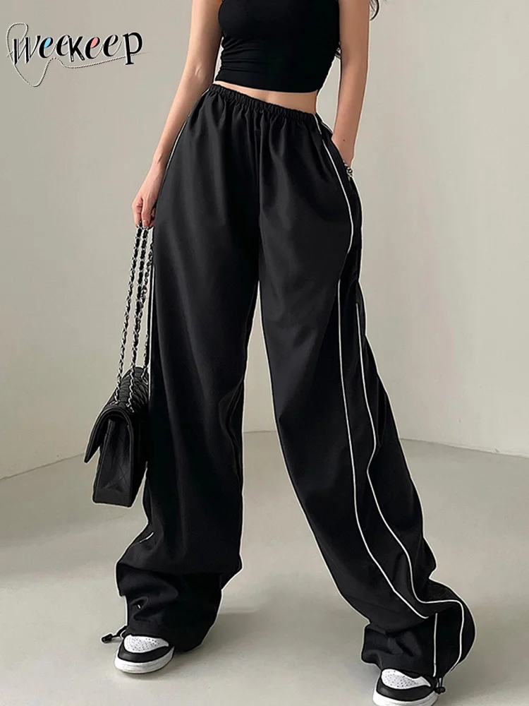 

Baggy Black Sweatpants Basic Low Rise Pants Side Stripe Patchwork Jogging Trousers Women Streetwear y2k Aesthetic Capris