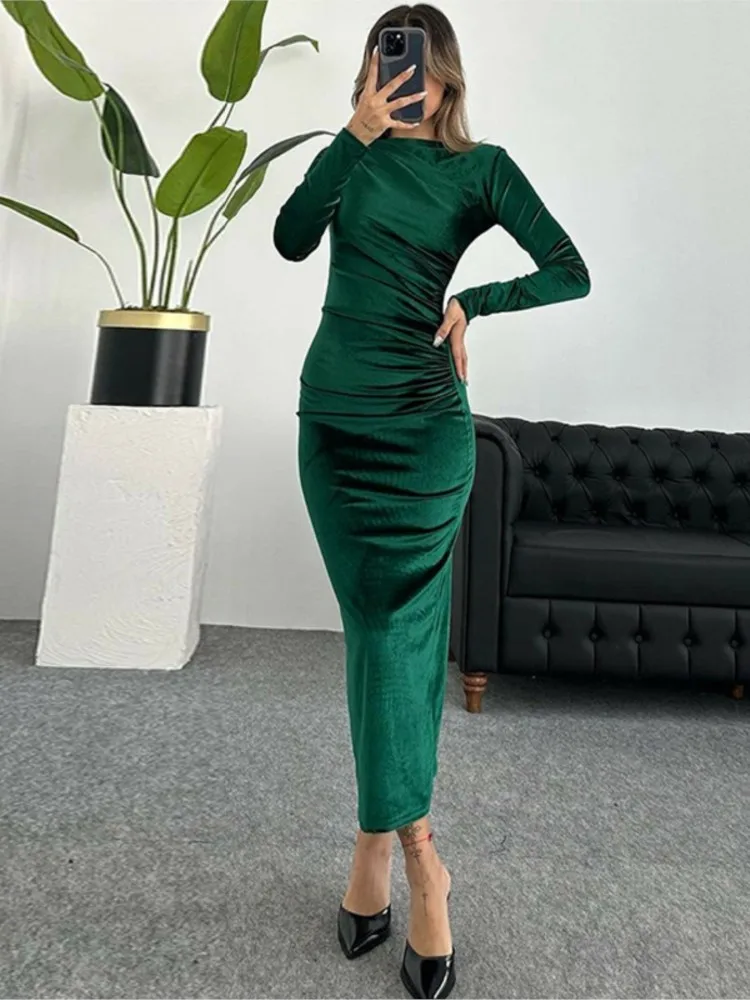 green emerald velvet dress Miss Circle Women Zenaida Emerald Green Cutout High Slit Velvet Gown main image 1
