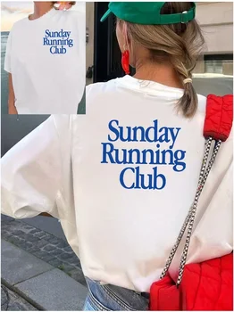 T-shirt da donna con grafica Sunday Running Club, maglietta sportiva da donna a maniche corte bifacciale, casual e ampia, per attività all'aperto
