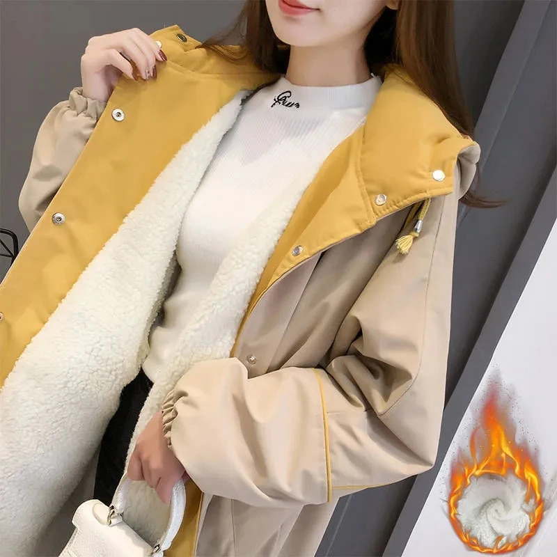 

Add Velvet Cotton Windbreaker 2023New Medium Long Jacket Female Korean Loose Student Coat Autumn Winter Cardigan Women Outerwear