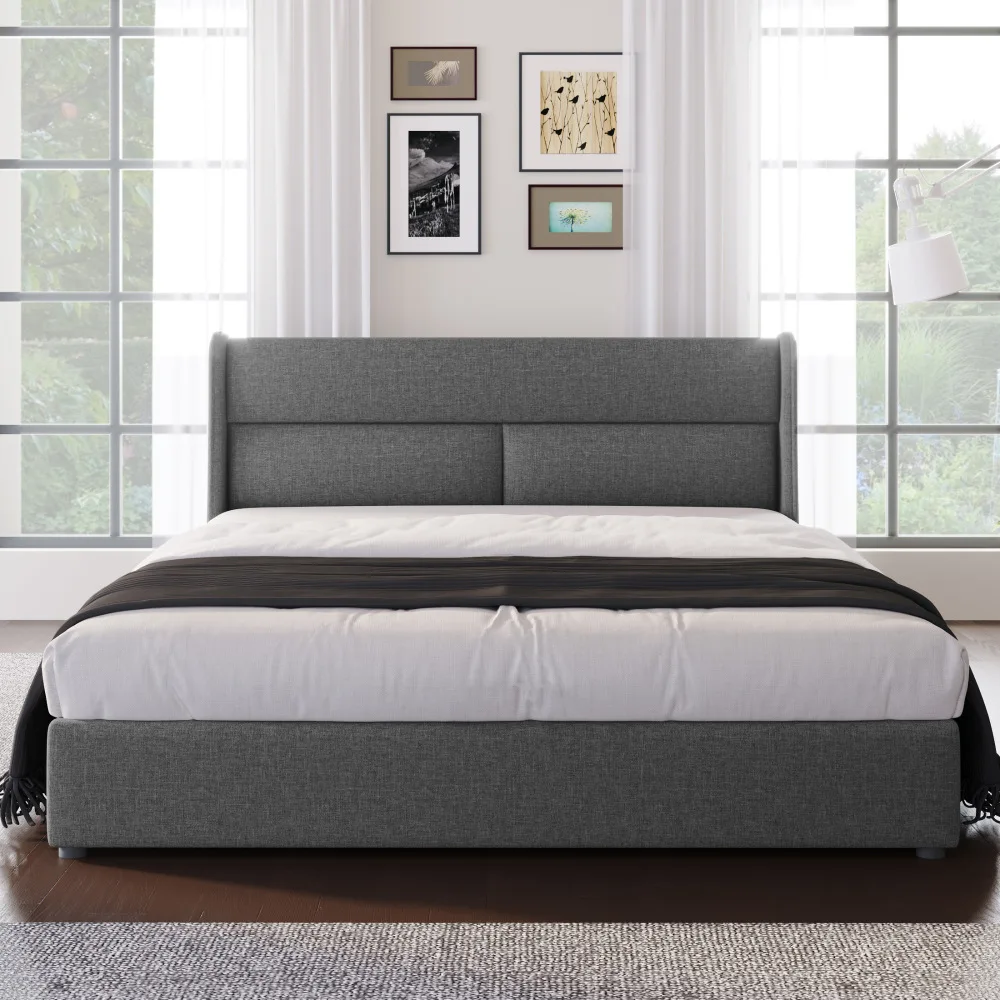 Gepolstertes Bett, Doppelbett mit verstellbaren Kopfstützen, hydraulischem Bettrahmen, Leinenbett mit Metalllattengitter (ohne Matratze) – Detail 16