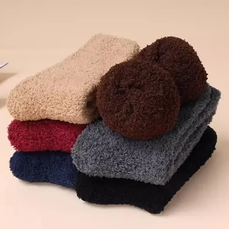 Winter Herren Halbe Fleece Socken Thermo Korallen Fleece Reine Farbe Warm Verdicken Weiche Mid-rohr Boden Hause Schlafen socken für Frauen – Detail 28