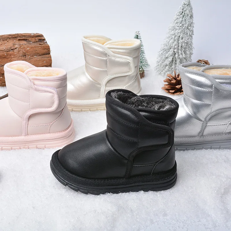 Kids PU Leather Snow Boots for Girls Boys Winter Waterproof Anti