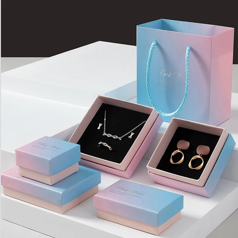 10Pcs Jewelry Gift Boxes Bracelet Holder Jewelry Organizers Pink Blue Gradient Ring Earrings Gift Packing Box Tote Bag