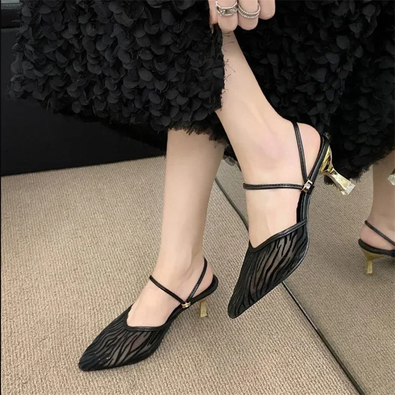 

Fashion sandals for women, shallow cut, medium heeled, hollow out, thin heels for women wearing half shoes