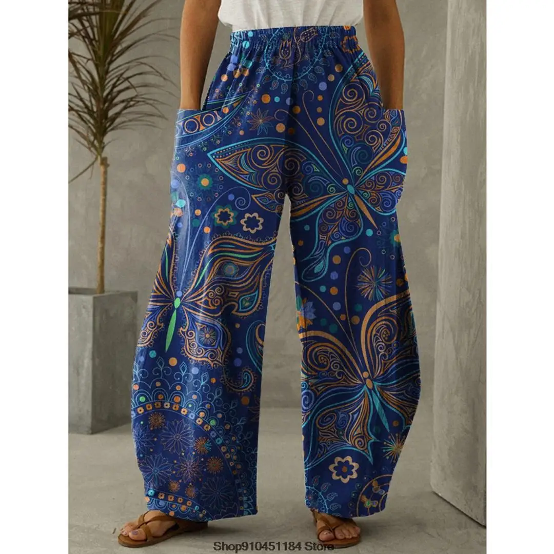2022 Spring Butterfly Print Long Pants Casual Loose Trousers Bohemian Vintage Beach Wear Women Pretty Wide Leg Trousers