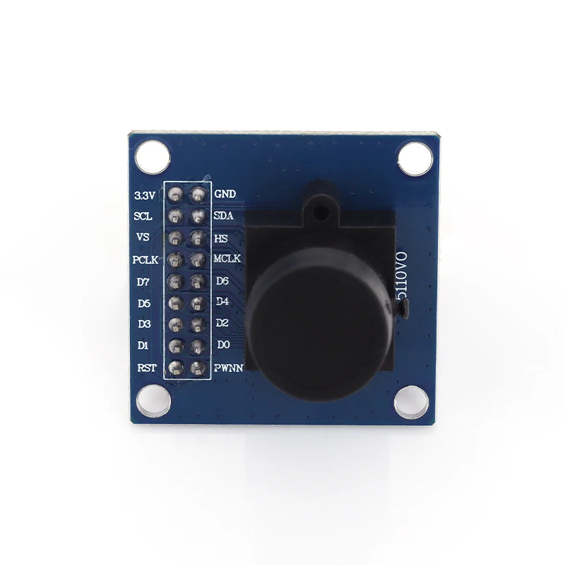 Vue de dessus du module OV7670 montrant les broches et composants électroniques pour Raspberry Pi.