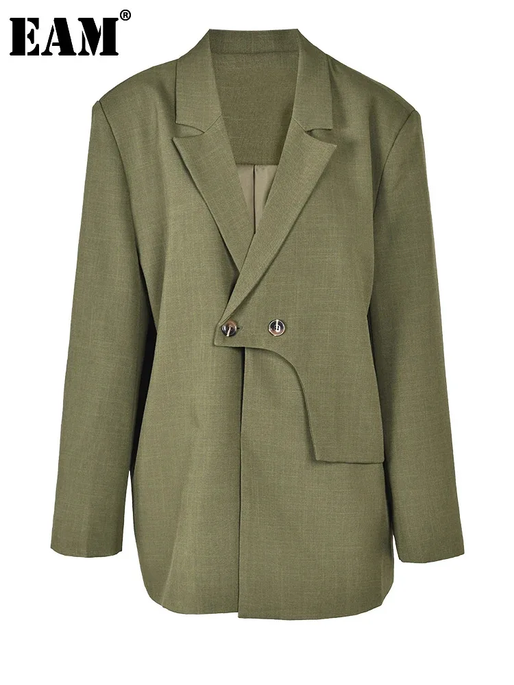 

[EAM] Women Green Irregular Big Size Casual Blazer New Lapel Long Sleeve Loose Fit Jacket Fashion Spring Autumn 2024 1DF504406
