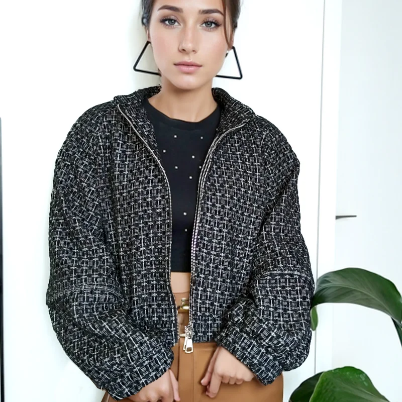 

Woman Causal Dropped Shoulder Tweed Woolen Bomber Jackets Zipper Coat Autumn 2024 New Arrival