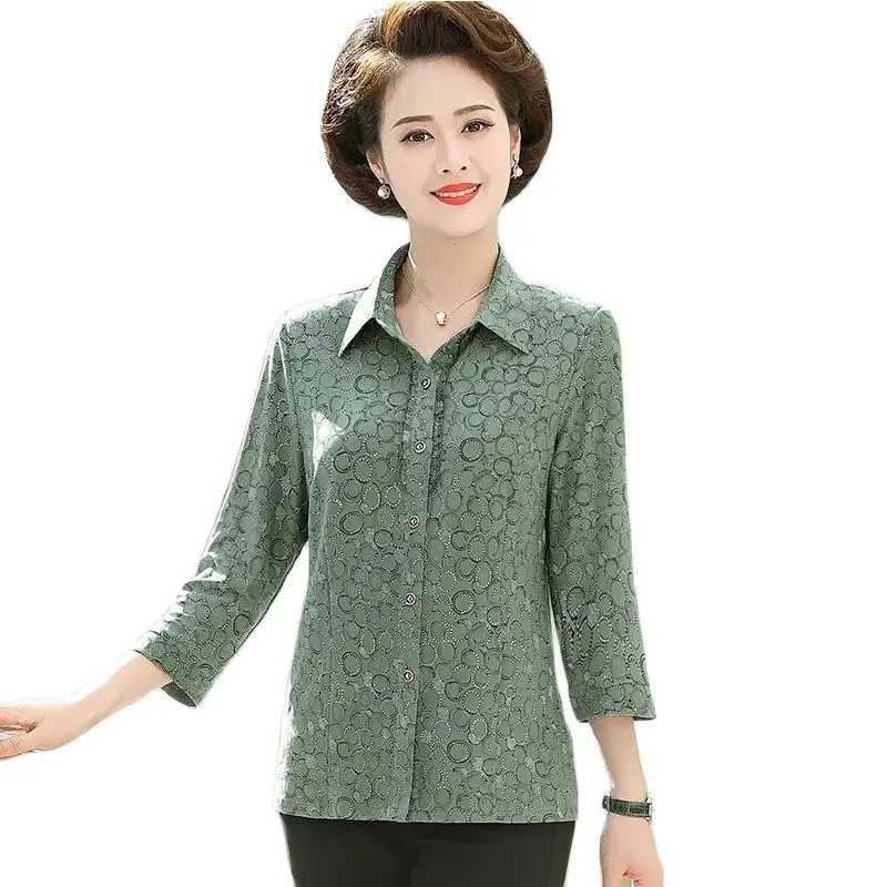 

Spring And Summer Middle-aged And Elderly Loose Silk Satin Casual Shirt Women's Three-quarter Sleeve Printed Button Shirt Top6XL