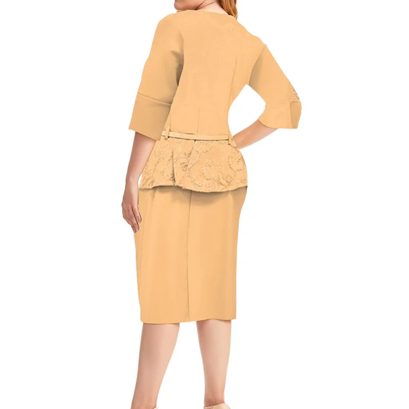 Plus Size Embroidery Patchwork Lace Three Quarter Sleeve Pencil Skirt Women Summer Elegant O-Neck Hot Drilling Belt Midi Dress