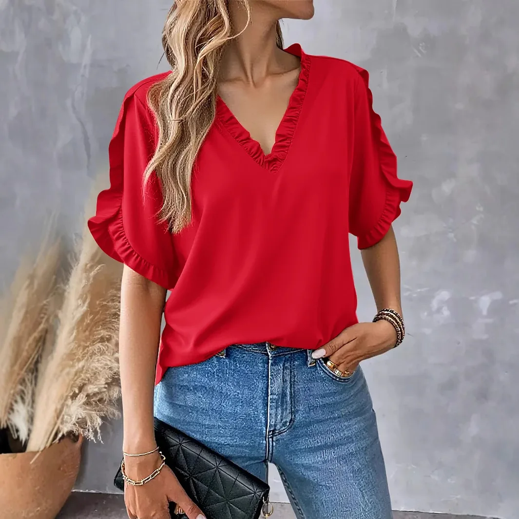 Women Loose Fit V Neck Short Sleeve Blouse