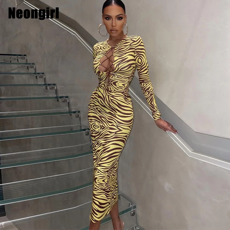 

OrangeG Deep V Neck Partywear Yellow Zebra Print Cross Bandage Pencil Long Dress Tight Full Length Striped Glamorous New 2024