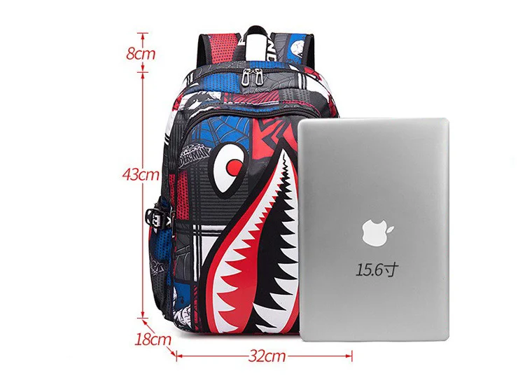 Travel Backpack Bookbag Oxford Shark Print Satchel 15.6-inch Laptop Computer Bag for Primary School Students Mochila Infantil