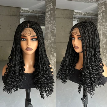 Synthetic Braided Lace Wigs 4x4 Lace Wigs Curly Ends Box Braided 4x4 Lace Wig for Black Women Afro Braiding Wigs
