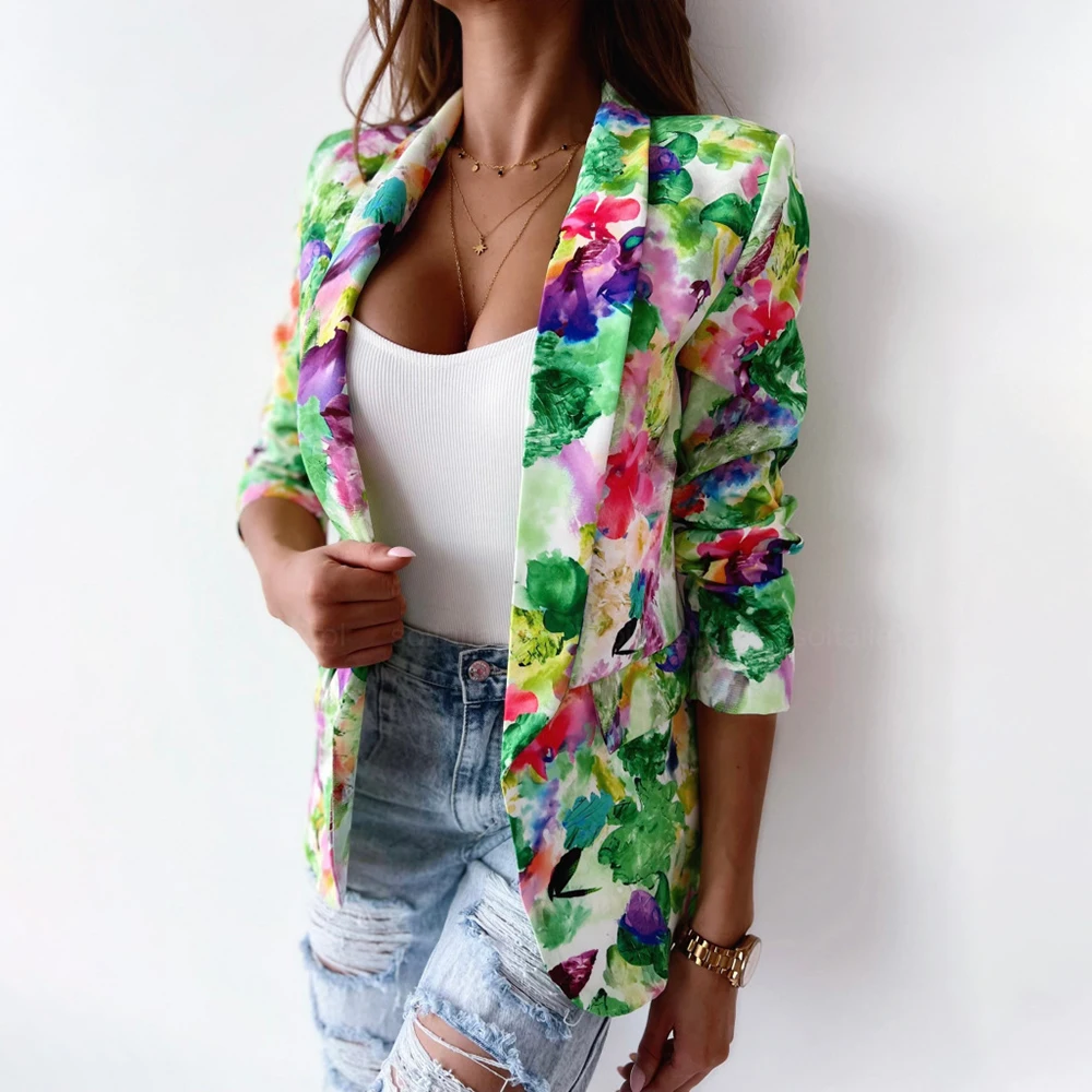 Blazers Fashion Print Button Long Sleeve Feather Blazer main image 1