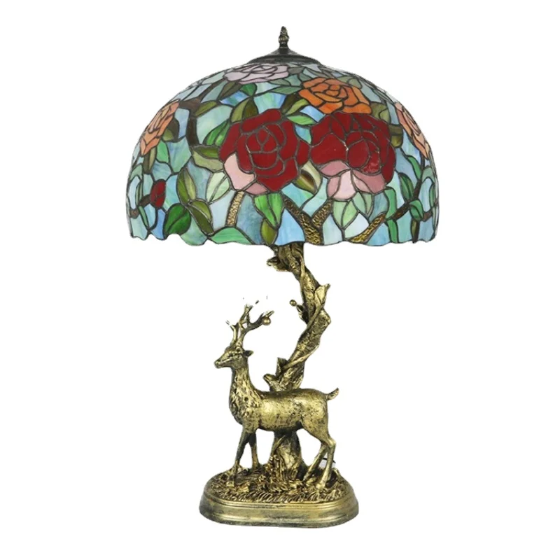 

LongHuiJing Country Style Tiffany Style Antique Table Lamps Stained Glass lampshade with Rose Pattern Desk Lights