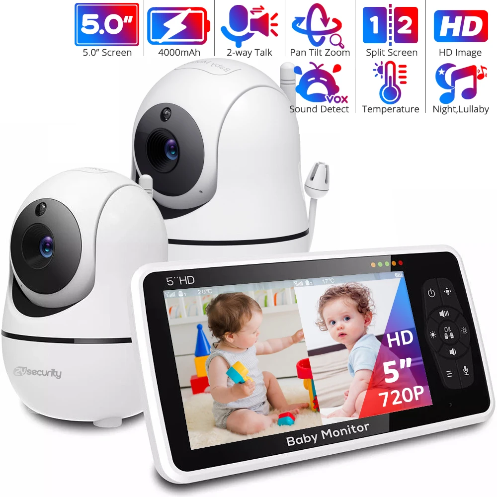 HD Baby Monitor com 2 Câmeras, Pan-Tilt, Zoom 4X, 2-Way Audio Baby Camera, Nanny Night Vision, 22-Hour Battery Video Babá, 5 polegadas