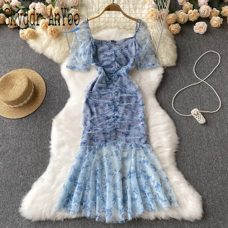 

Summer Dresses For Women 2022 Robe Femme Printed Mesh Short Sleeve Elegant Party Dress Slim Long Vestido Mermaid Bodycon Dress