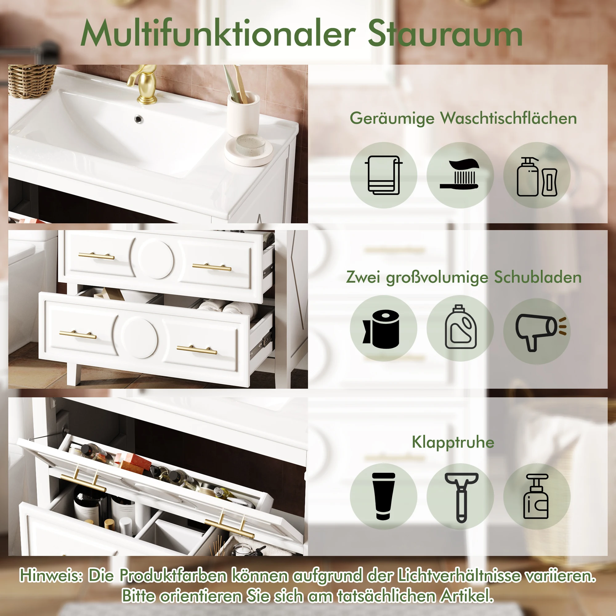 Waschtischunterschrank 81cm mit Keramikbecken Badmöbel Weiß 3 Schubladen Soft Close freistehend Retro Design – Detail 4