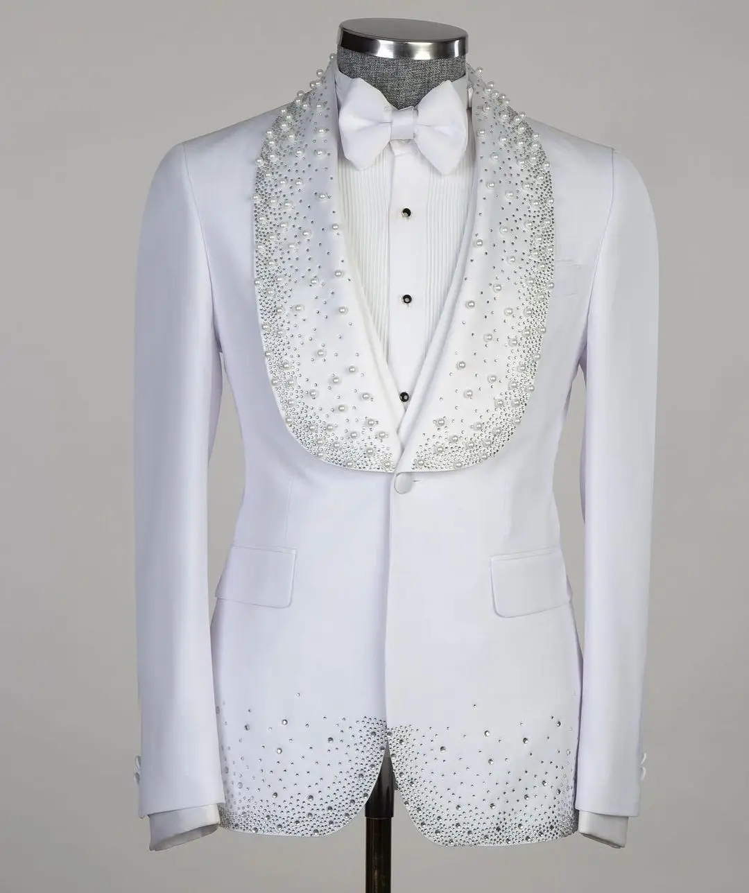 Blazer Vest Men Suits Appliques One Button Wide Lapel Formal Diamonds Beads Party Wedding Host Plus Size Custom Made Tailored