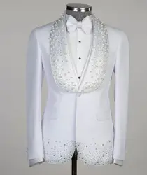 Blazer Vest Men Suits Appliques One Button Wide Lapel Formal Diamonds Beads Party Wedding Host Plus Size Custom Made Tailored