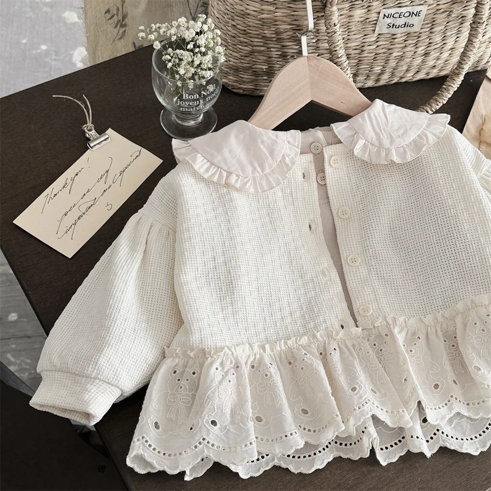 Spring New Baby Clothes Outerwear 0-3 Years Girl Clothes Small Grid Bubble Long Sleeved Cardigan Splicing Lace Jacket