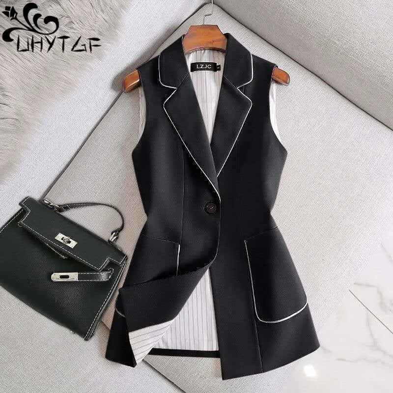 

UHYTGF Fashion Sleeveless Women Coat Pink Black Autumn Vest Female Solid Pocket Buttons Casual Waistcoat Jackets Ladies 3XL 2095