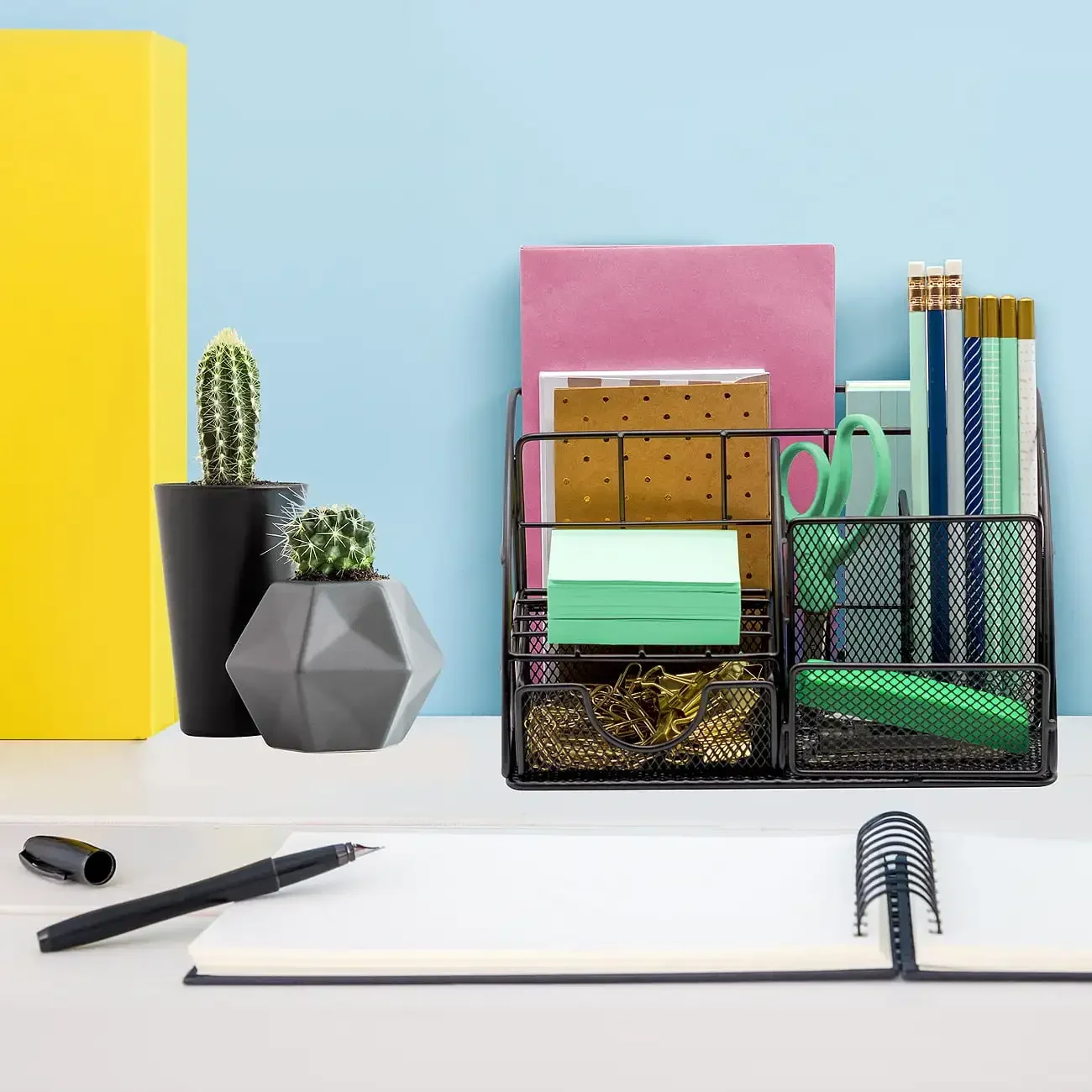 

g Mesh Desk Caddy with 5 Compartments and 1 Drawer - Black Drawer Organizer Storage Organizer